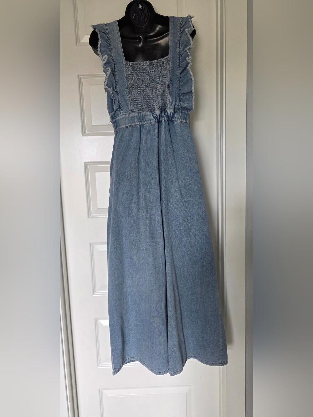 Light Blue Denim Ruffled Wide-Leg Jumpsuit - Picture 4 of 7
